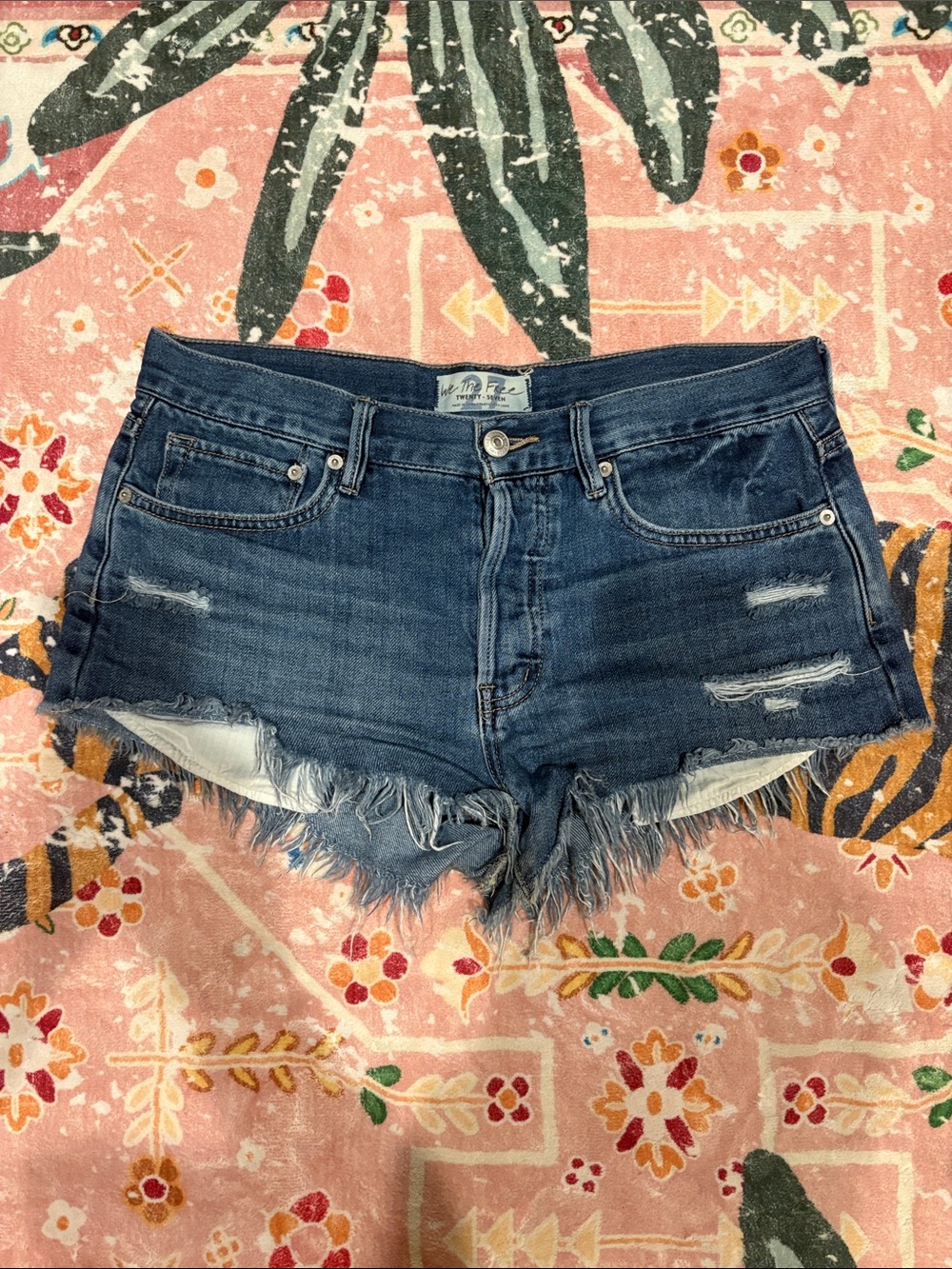 Free People Frayed Hem Dark Blue Denim Shorts
